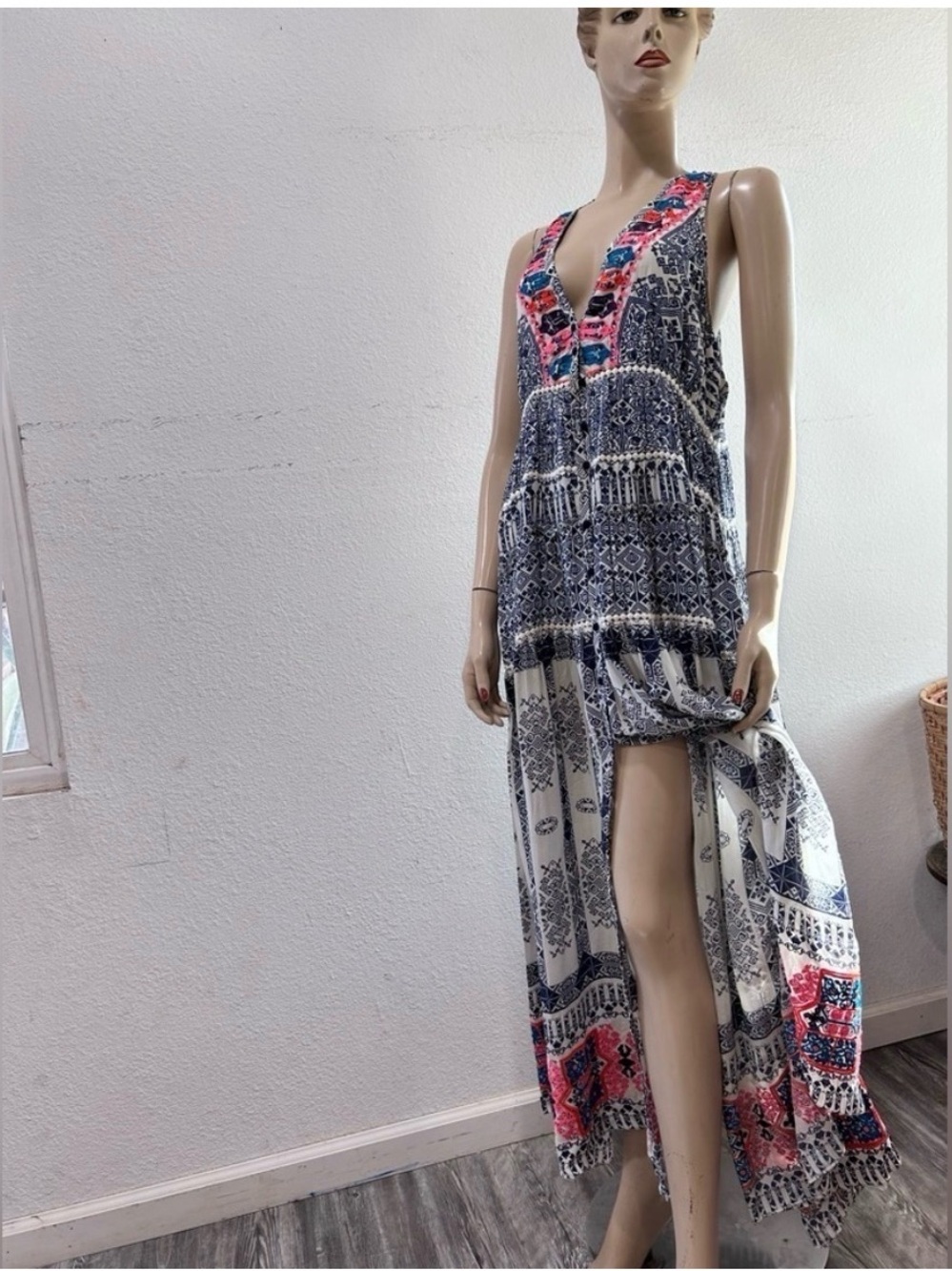 Rococo Sand Navy and Pink Embroidered V-Neck High-Low Maxi Dress